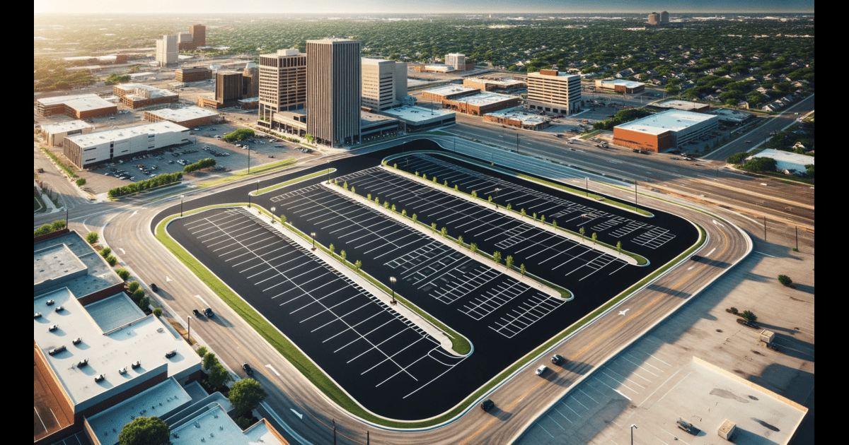 An aerial view of an urban parking lot.