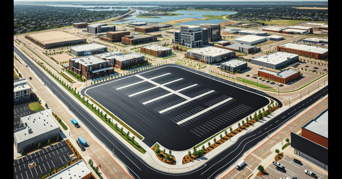 An aerial view of a bustling parking lot in a city.