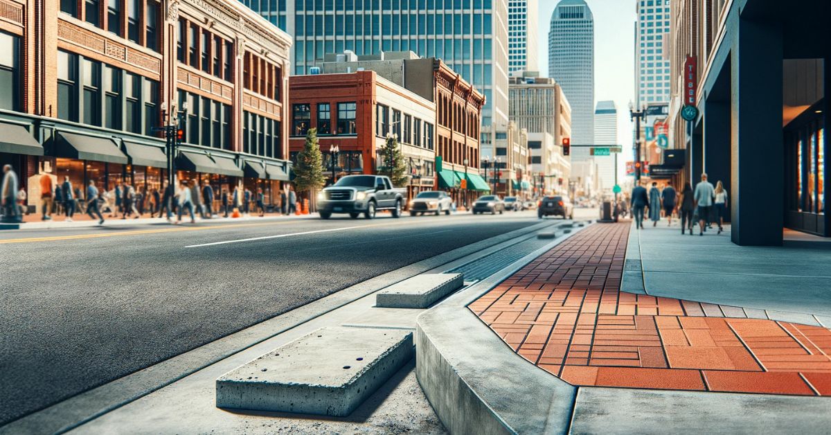 A concrete city street in Tulsa with people walking down the sidewalk.
