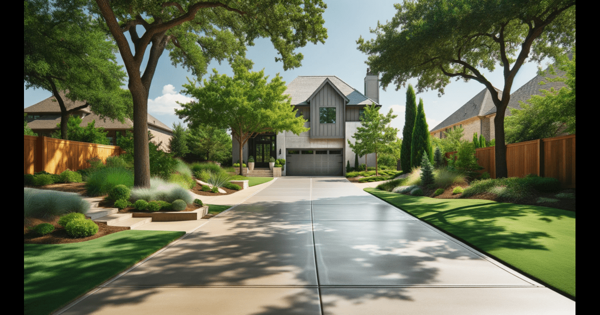 A 3d rendering of a driveway with grass and trees designed by a concrete paving contractor.
