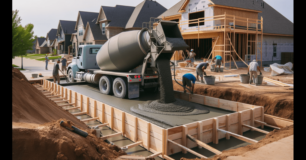 A concrete driveway contractor in Tulsa operating a cement mixer on a construction site.