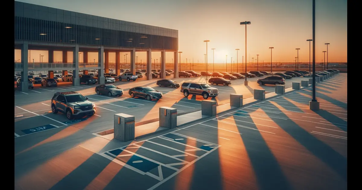 Cars parked in a parking lot at sunset surrounded by cement parking stops in Tulsa.