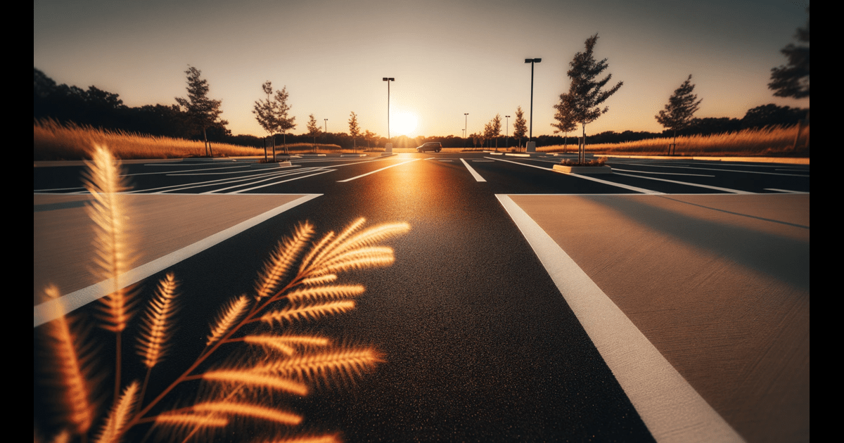 The sun is setting over a affordable asphalt parking lot in Tulsa.