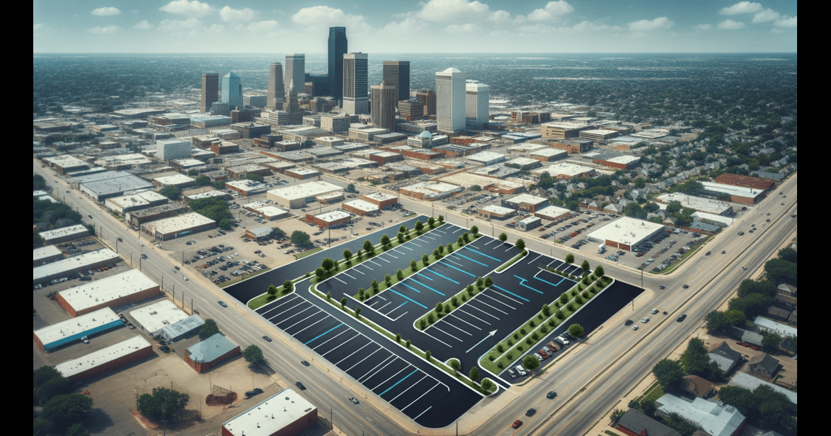 An aerial view of an affordable parking lot in a city.