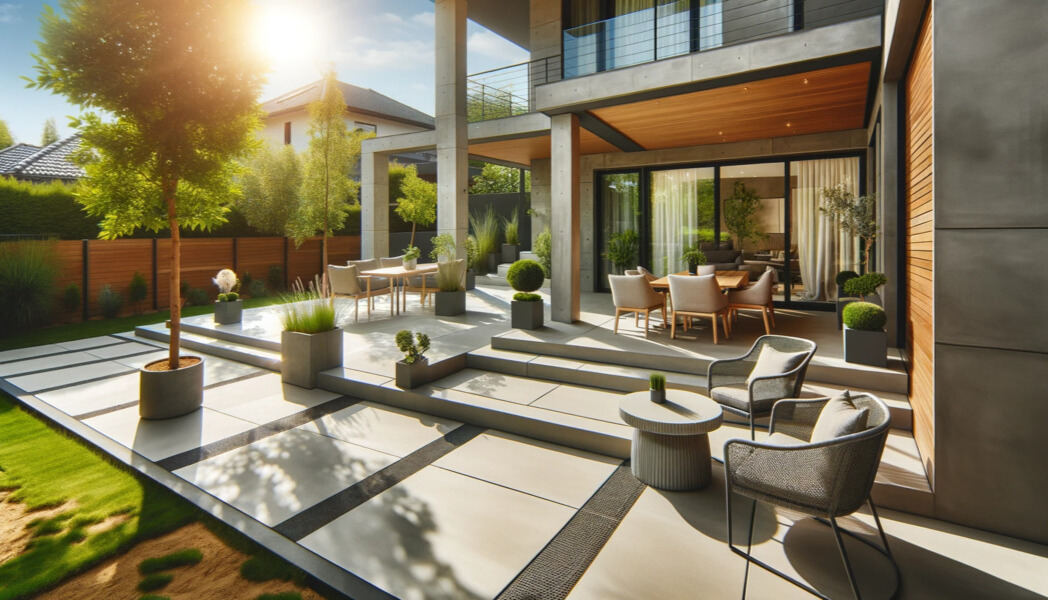 A modern patio with furniture and a view of the sun in Tulsa, Oklahoma.