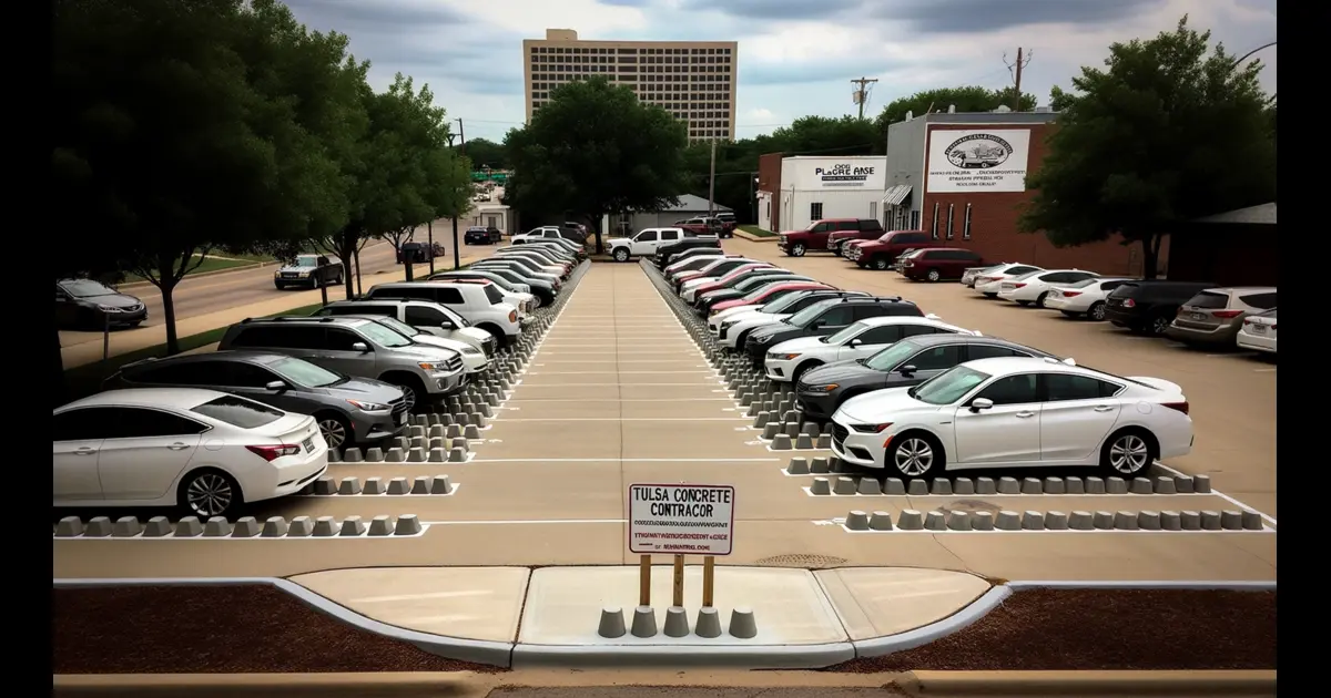 A parking lot with many cars parked in it, featuring concrete parking stops near me in Tulsa.