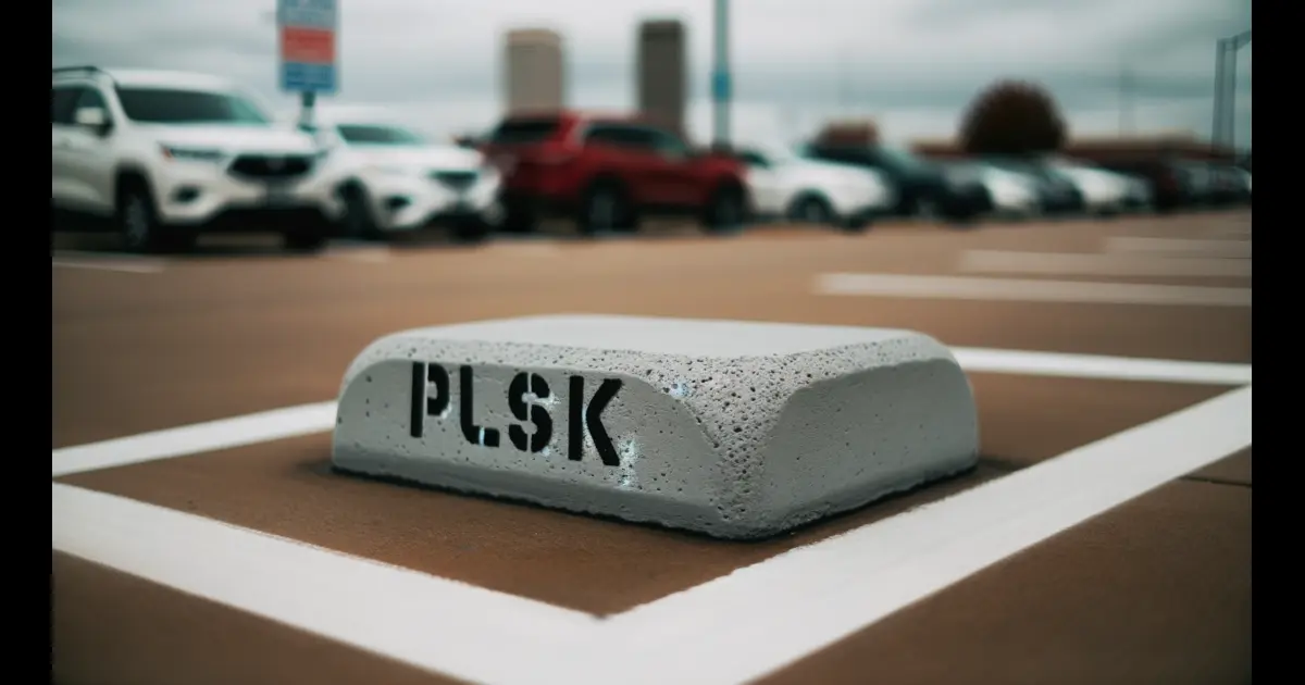 A concrete block with the word plsk on it in a parking lot near me in Tulsa.