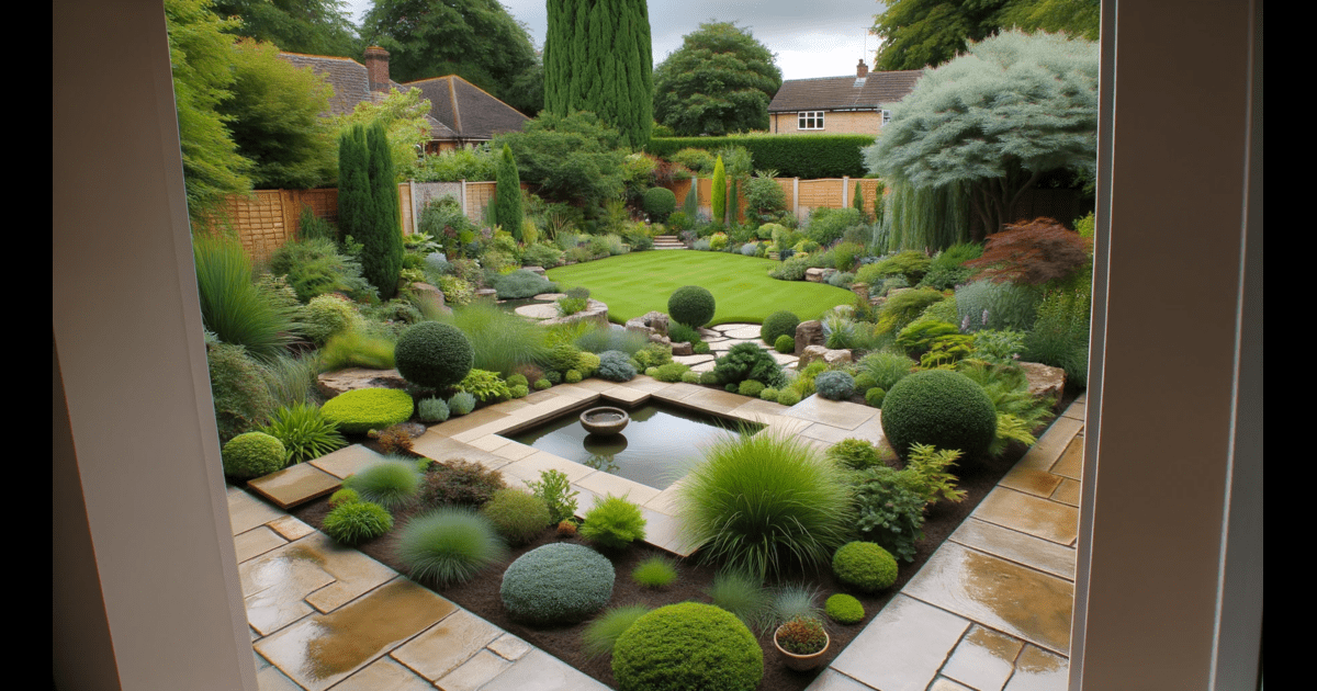 A garden with plants and a fountain located on a concrete patio in Tulsa.