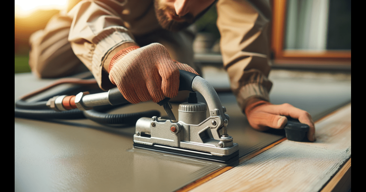 A man using a sander on a concrete patio in Tulsa.