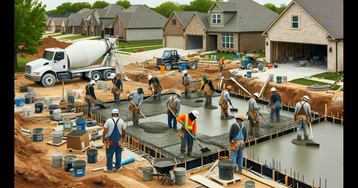 A team of construction workers in Tulsa, OK are paving concrete for a house.