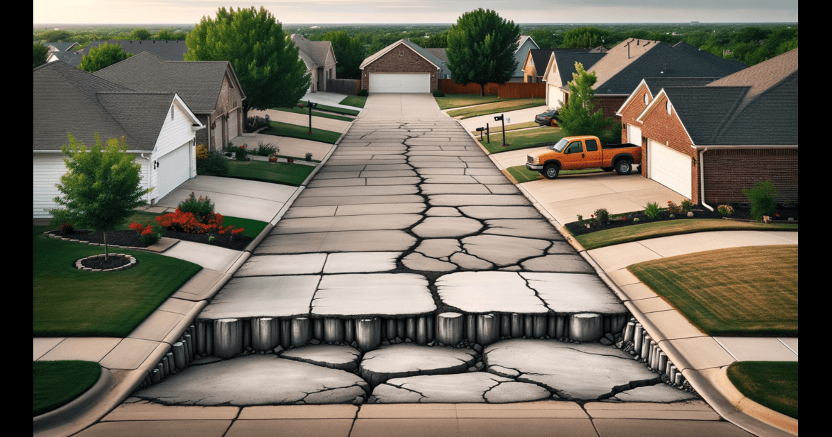 An image of a cracked street in need of concrete repair in Tulsa.