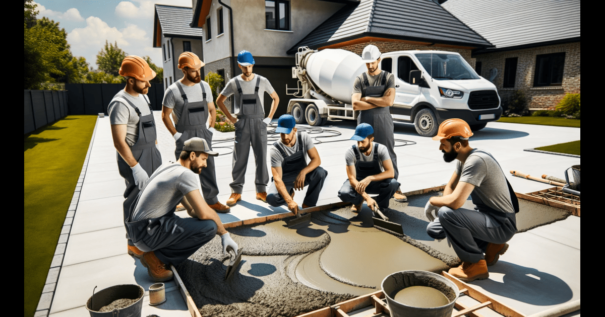 A group of contractors working on a concrete driveway in Tulsa