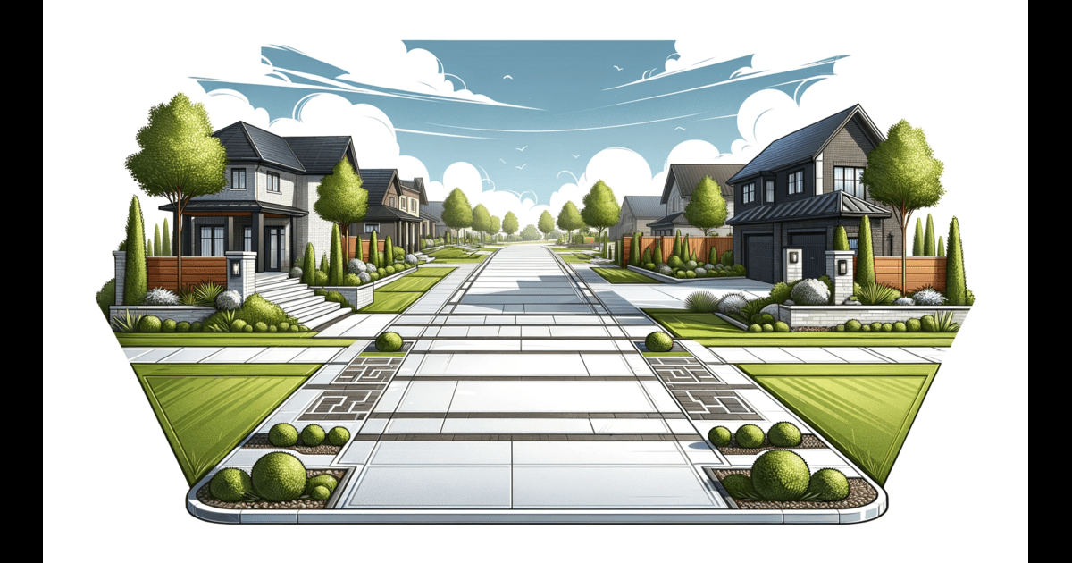 An illustration of a residential street with houses and trees.