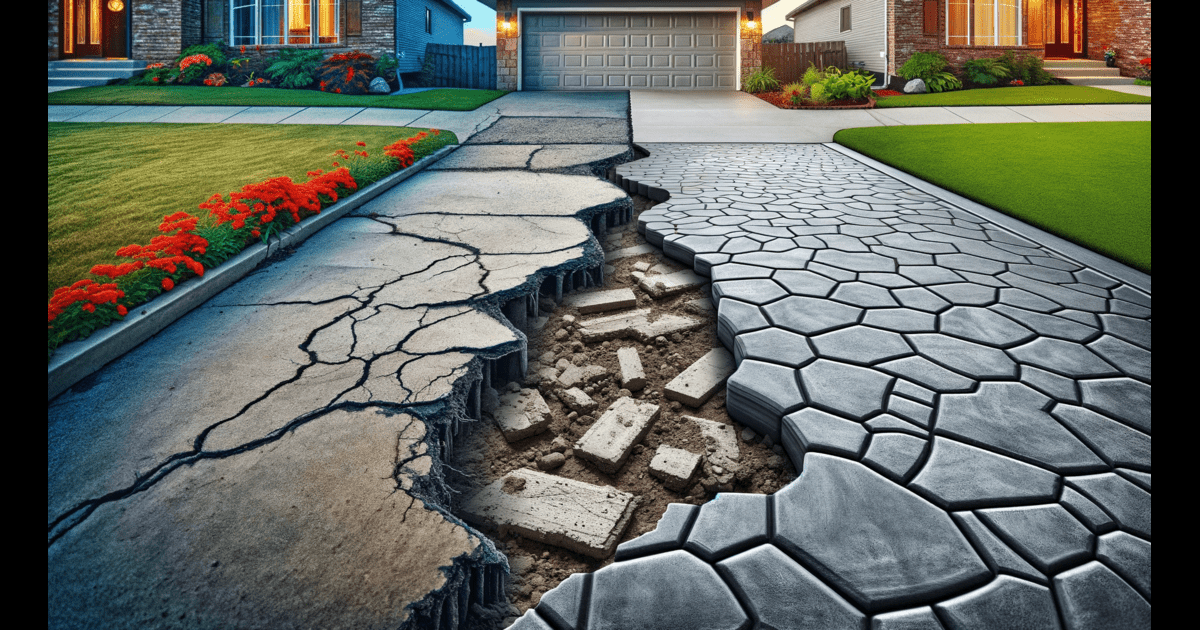 An image of a house with a crack in the driveway.
