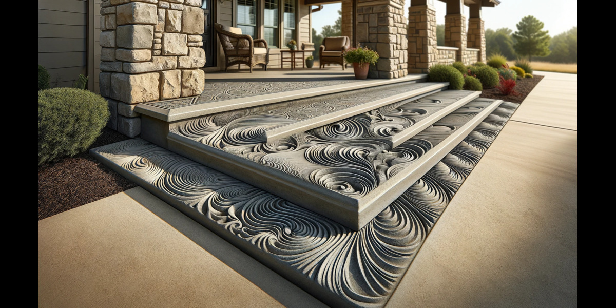 A set of steps with a stone design on concrete porches in Tulsa.
