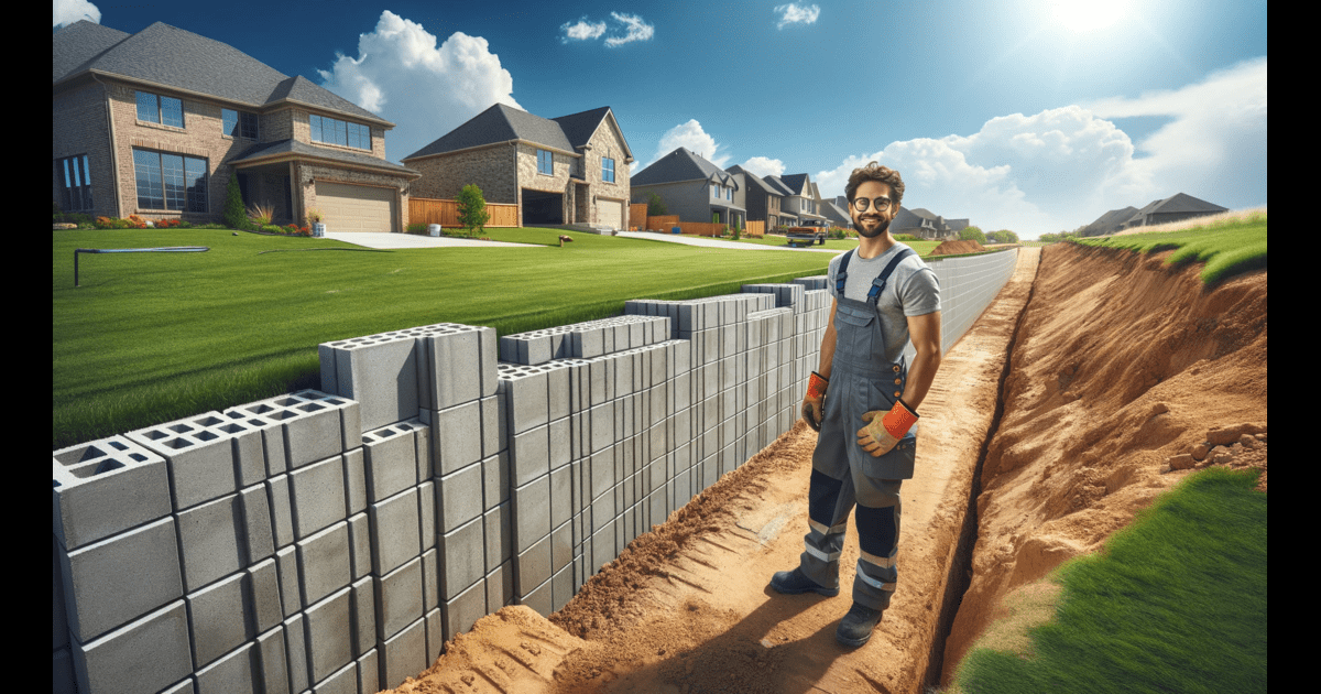 A man standing next to a gravity retaining wall in Tulsa, OK.