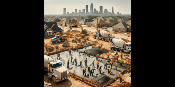 A painting of a construction site with workers and trucks featuring a concrete paving contractor.